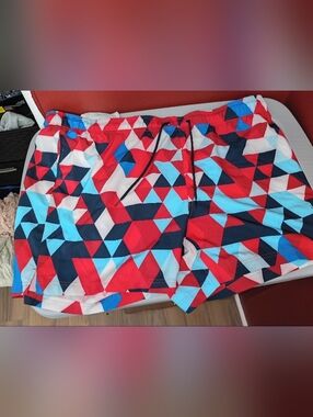 George Red, Navy & Light Blue Geometric Swim Trunks
